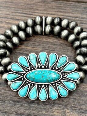 Turquoise Squash Blossom Stretch Bracelet Navajo Pearl Western Boho Rodeo